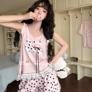 Gill Aimar2025春夏背心短裤 棉质家居服花边小猫卡通家居服套装