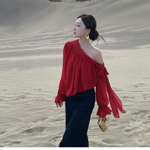 法式高级粉色蝴蝶结斜肩上衣女2025年秋季新款雪纺小衫设计感小众
