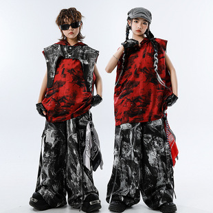 少儿街舞服装嘻哈儿童潮服黑红酷帅男童套装女童走秀六一表演服装