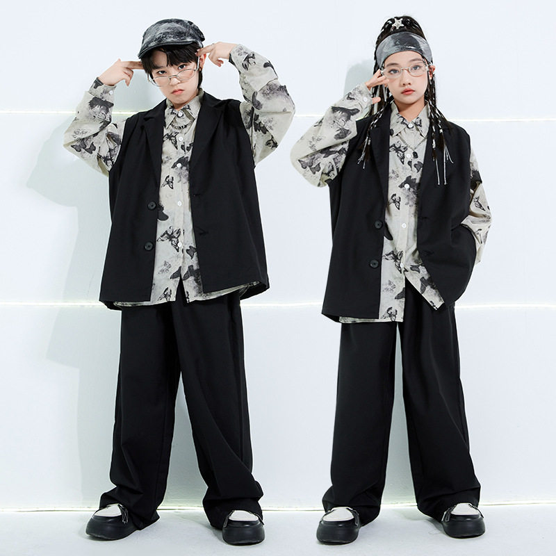 街舞儿童潮服演出服hiphop嘻哈西装马甲套装男童童装女爵士舞走秀