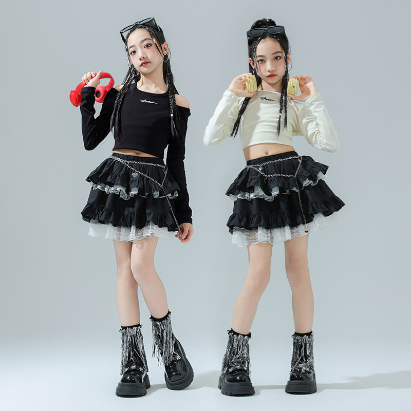 女团爵士舞服装少儿潮服露脐蛋糕裙套装女童走秀街舞练功服演出服