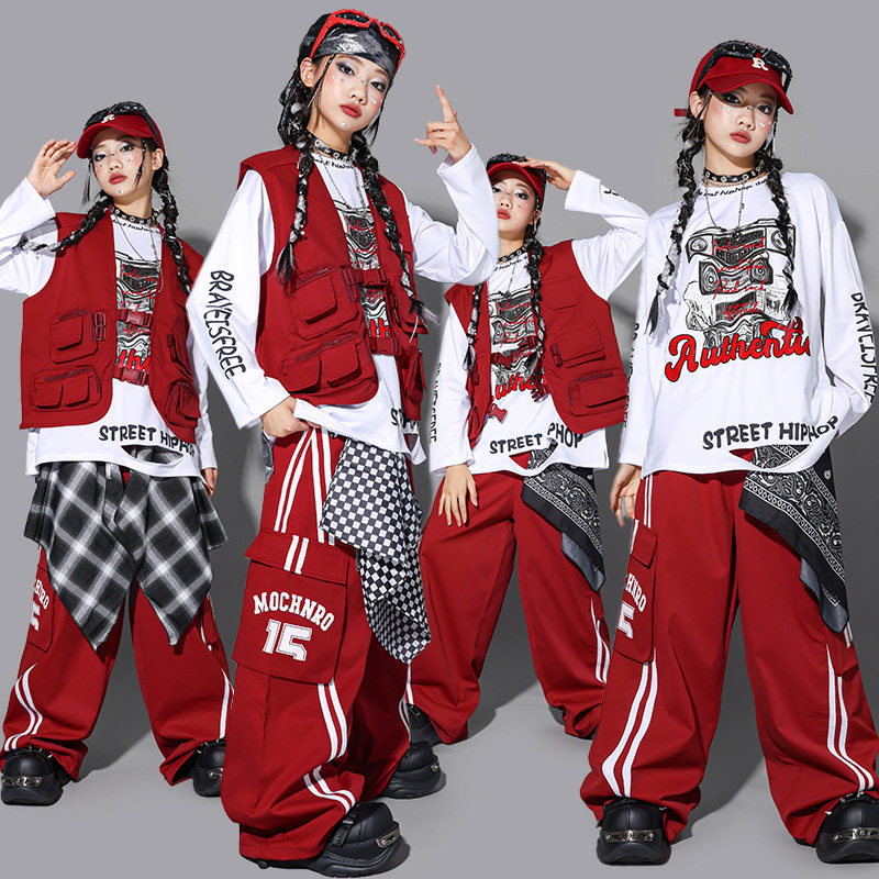 元旦儿童红色街舞演出服男童嘻哈马甲套装少儿hiphop架子鼓服装潮