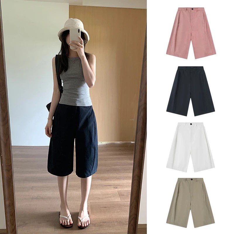 100%纯棉2026新款自制高街直筒立体剪裁五分裤女高腰百搭休闲短裤