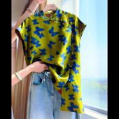 新款 夏季 中国风绿色印花衬衫 短袖 衬衣 新中式 唐装 改良盘扣上衣女装