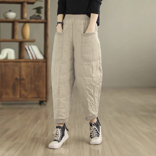 加厚休闲束脚哈伦长裤 女防风保暖外穿直筒裤 轻薄棉裤 2025秋冬新款