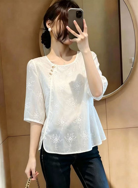 大码新中式国风刺绣短袖衬衫夏季穿搭宽松斜襟小衫气质套头上衣女