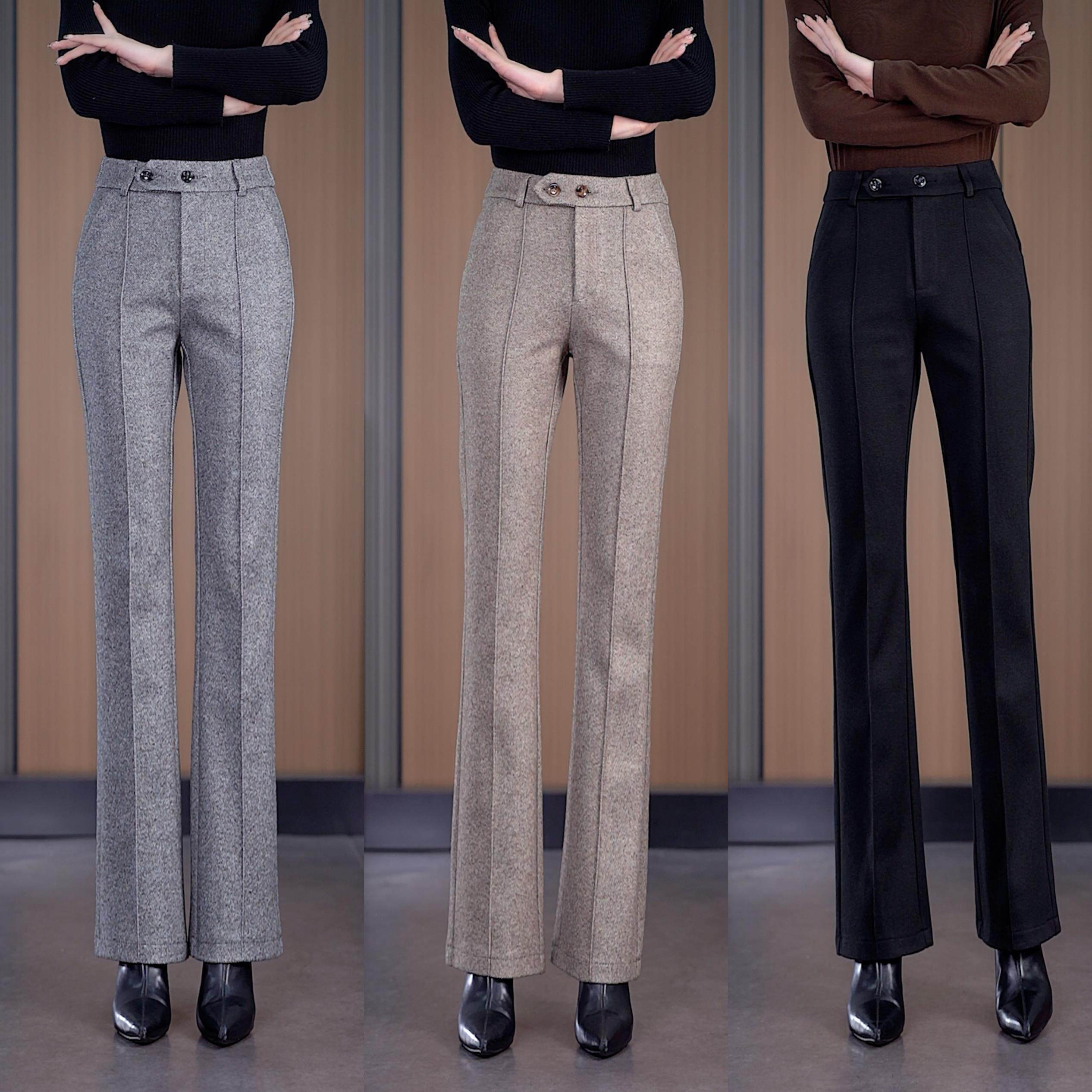 秋冬款新款小个子高腰显瘦毛呢微喇叭裤子女士加厚卡其色休闲裤子 - 沐晴大码女装 源头厂家出品