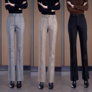 秋冬款新款小个子高腰显瘦毛呢微喇叭裤子女士加厚卡其色休闲裤子