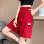 阔腿休闲宽松五分裤 红色冰丝速干工装 薄款 直筒高腰中裤 短裤 女夏季