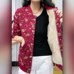 妈妈装 外穿上衣夹克中老年女秋冬小棉衣加厚开衫 加绒外套春秋新款