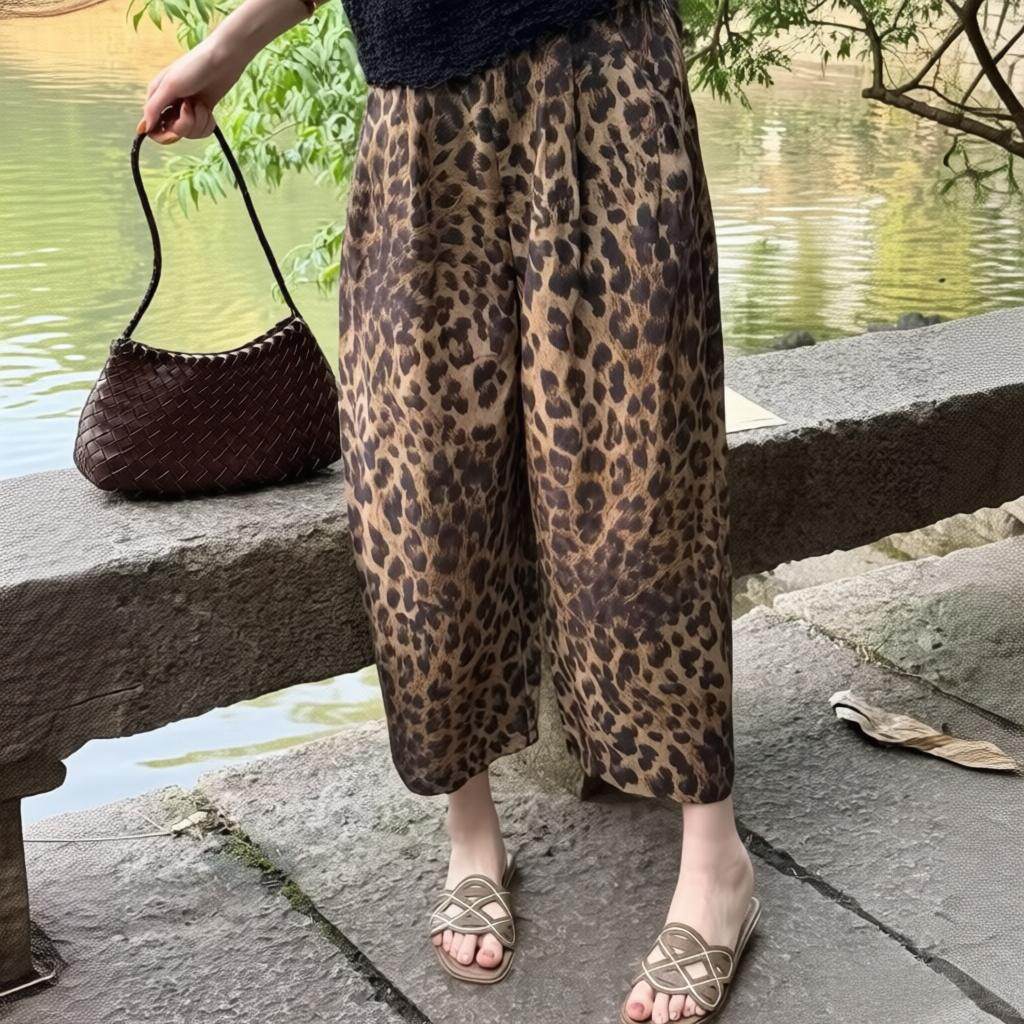 夏季新款复古豹纹高腰阔腿裤女夏季薄款宽松显瘦垂感九分裤子女图片
