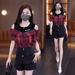 大码设计感小众复古格子短袖衬衫女夏季胖妹妹假两件拼接露肩上衣