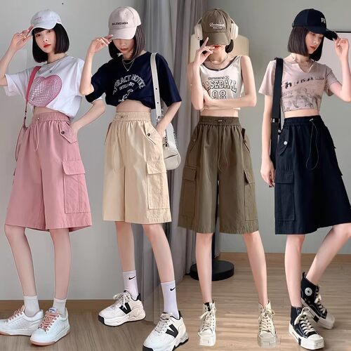 黑色大口袋美式工装短裤女夏2026新款休闲宽松直筒运动五分裤中裤