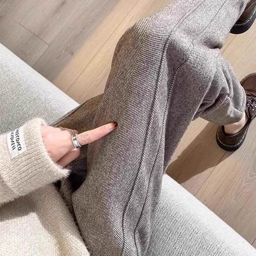 咖色毛呢直筒裤女休闲西裤九分裤