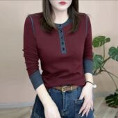 撞色圆领秋季 新款 2025时尚 双面绒高档长袖 气质洋气上衣显瘦打底衫