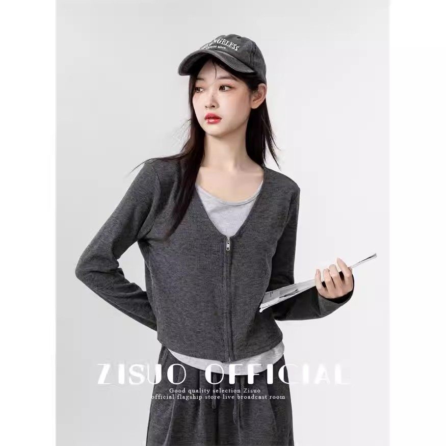 时尚套装女灰色假两件长袖T恤2026春秋季新款短款设计感复古套装,女装/女士精品,时尚套装,淘宝优惠券,粉丝福利购,淘宝优惠卷