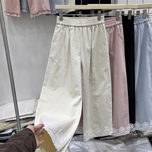 松紧腰阔腿裤 女纯色九分裤 子 高腰显瘦蕾丝拼接休闲裤 棉质妈妈韩版