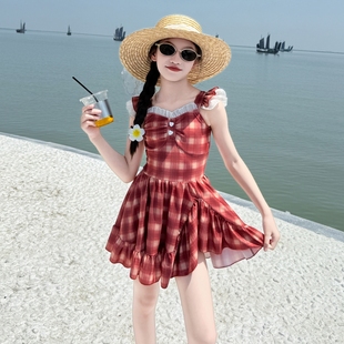 女童夏裝 洋氣甜美花邊游泳衣海邊度假泳裙 格子裙連體泳衣2025新款