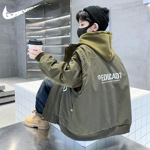 耐克顿大童夹克加绒外套2024冬季男童潮牌连帽卫衣帅气马甲两件套