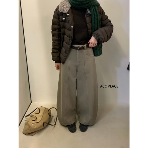 ACC PLACE焦点 韩系竖条百搭弯刀加绒显瘦休闲裤(配随机腰带)8180