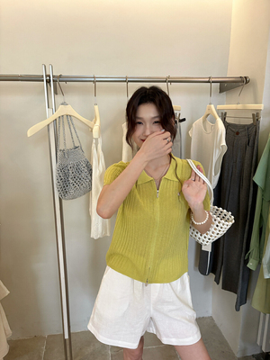 With You 韩系夏季新款极简高级Polo领天丝亚麻拉链针织开衫W1563