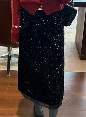 KAPOK韩系新年年会亮片拼接网纱松紧腰过膝半身裙35188