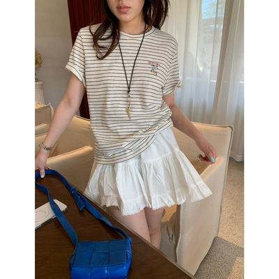 i-D sisters-新韩系卡通图案条纹韩系百搭简约休闲短袖T恤571328