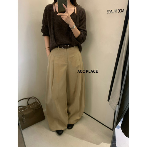 ACC PLACE焦点韩系百搭压褶阔腿裤休闲裤(配腰带)(腰带随机)8057
