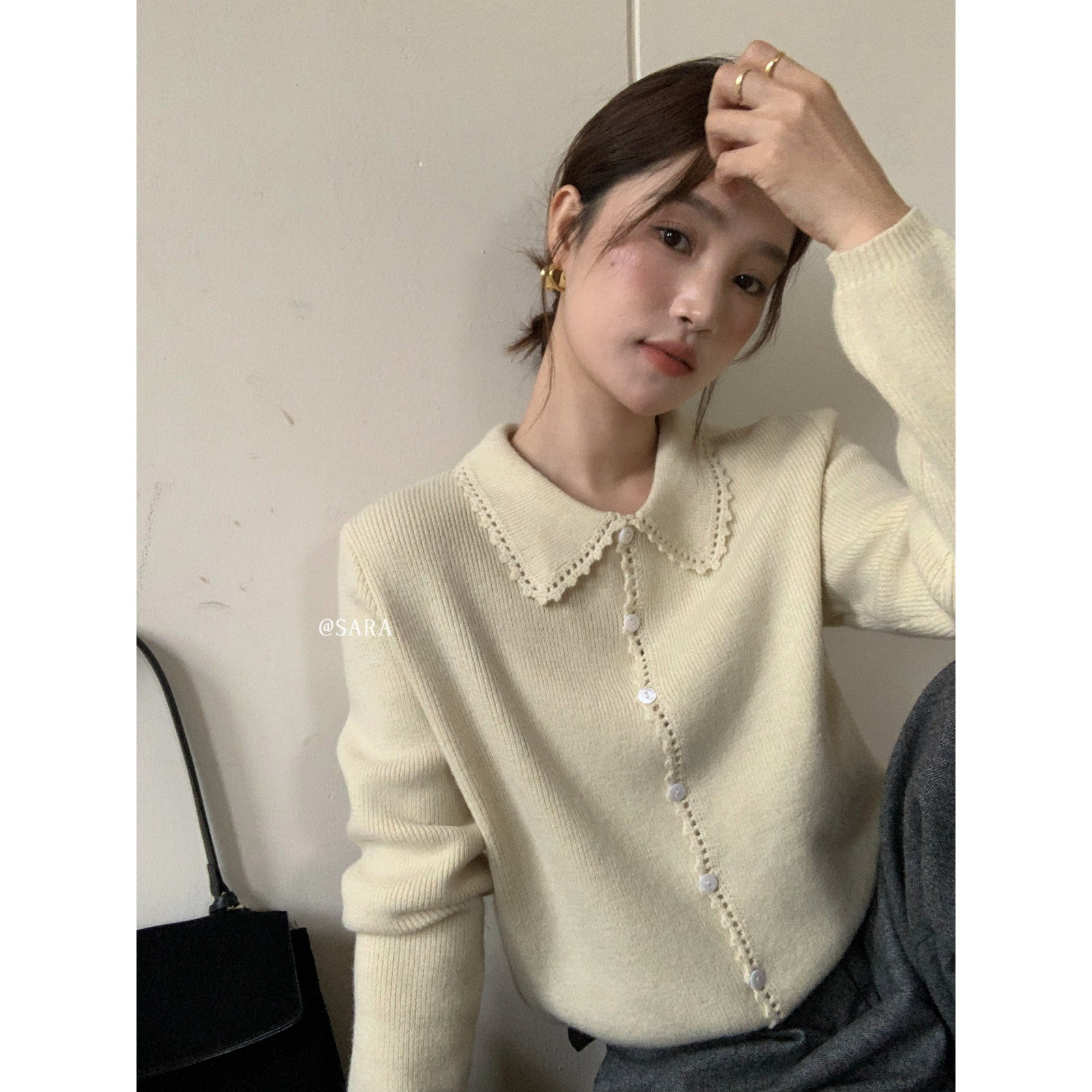 SARA-韩系小清新甜美减龄翻领勾花边单排扣保暖开衫6%羊毛毛衣232