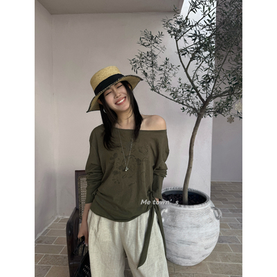 i-D sisters 档口春上新斜肩印花亚麻高品质设计感长袖T恤8689