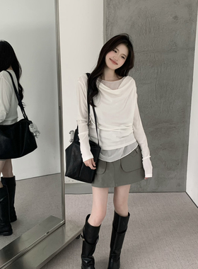 grapestone 葡萄籽 早春韩系时尚荡领显瘦雪纺拼接上衣小衫26025