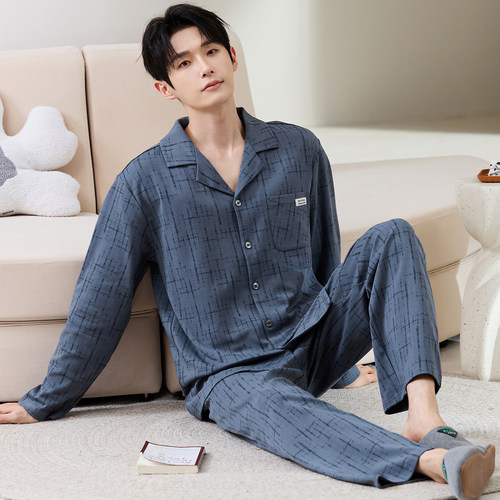 100%棉睡衣男春秋款纯棉青年外穿