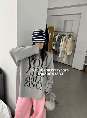 東ROOM2025冬季新款字母印花垫肩宽松百搭加厚磨毛长袖T恤女62387