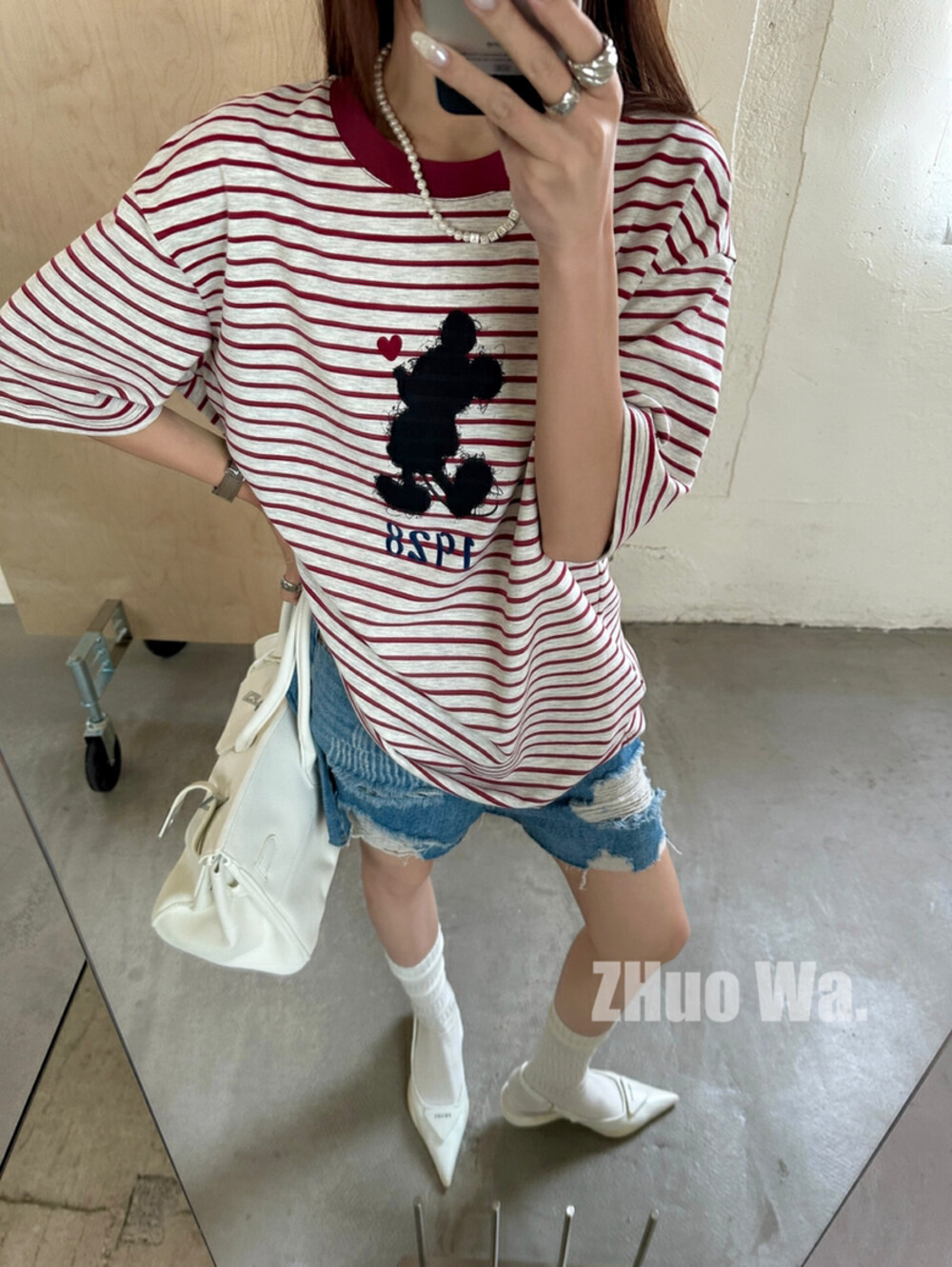 卓娃韩版宽松休闲卡通米奇涂鸦条纹短袖T恤女2025春夏新款上衣潮