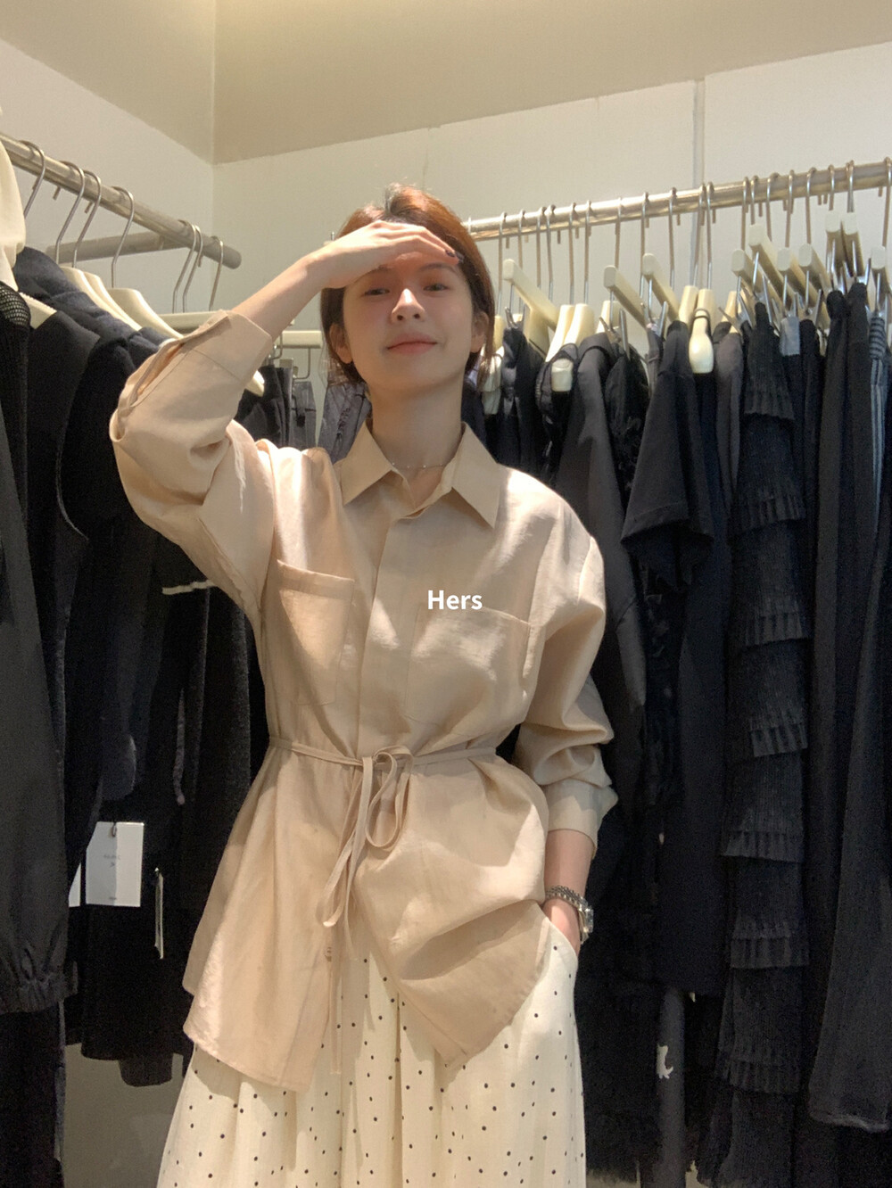 Hers简约气质小女人慵懒调性防晒绑带衬衫2025春夏显瘦设计感衬衣