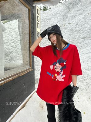 卓娃2025冬新款卡通米奇印花宽松加厚磨毛休闲百搭短袖T恤女2519