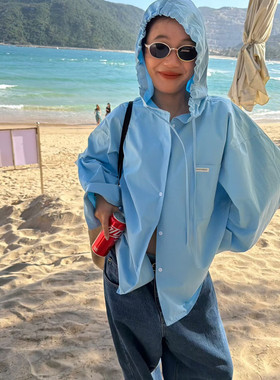 SANBARA2026早春新款宽松蓝色连帽衬衣防晒薄外套ins衬衫女86039