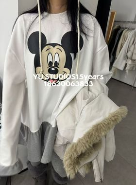 東ROOM2025秋冬卡通米奇宽松休闲百搭荷叶边磨毛长袖T恤女62518