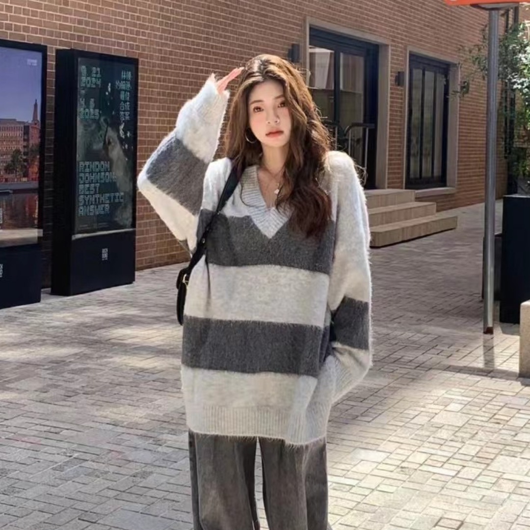 毛衣条纹大码女装宽松针织打底衫