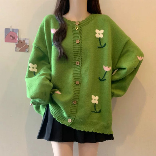 绿色花朵针织开衫大码女装宽松