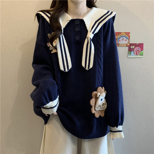 减龄学院海军领毛衣新款大码女装胖mm针织衫宽松慵懒风设计感上衣