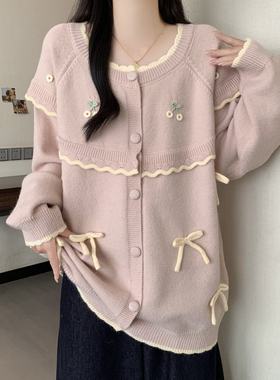 毛衣外套大码女装微胖mm宽松显瘦慵懒减龄蝴蝶结新款上衣针织开衫