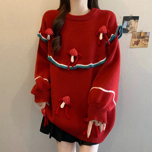 红色毛衣大码女装针织打底衫新年