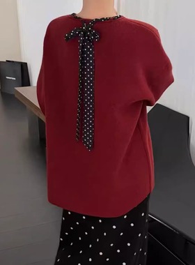 温柔波点系带毛衣针织衫大码女秋冬新款慵懒高级感宽松显瘦上衣
