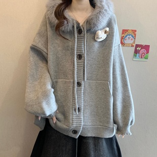 加厚毛领可爱卡通连帽毛衣外套大码女装微胖宽松慵懒针织开衫上衣