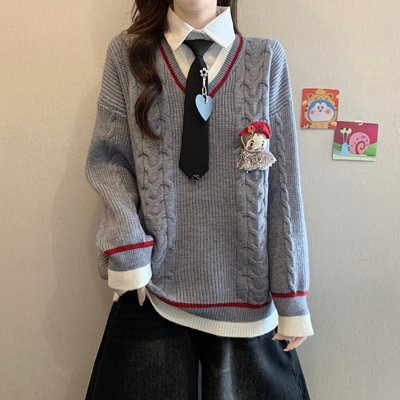 假两件针织衫新款大码学院风毛衣