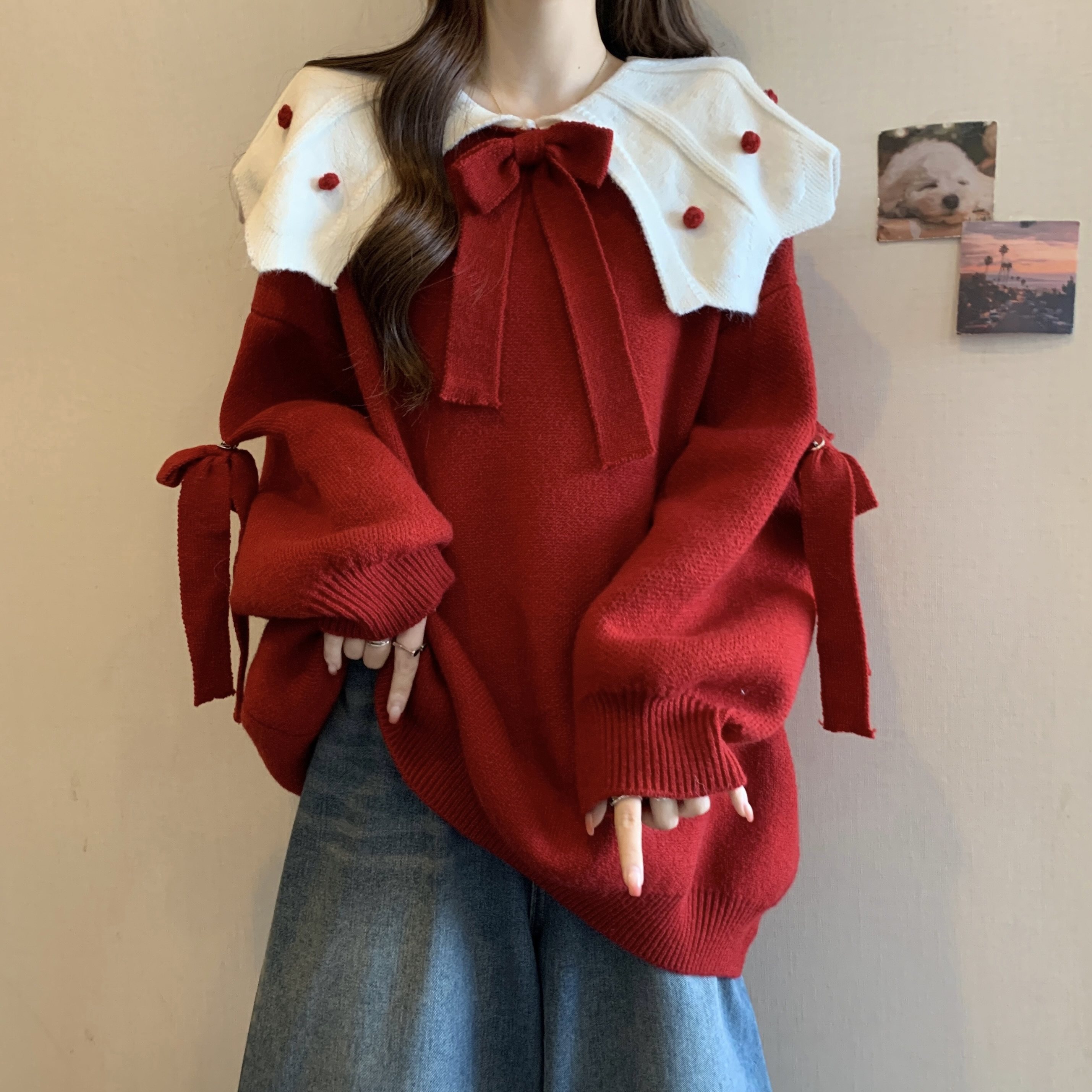 新年红色娃娃领毛衣春秋冬大码女装胖mm宽松慵懒风减龄针织衫上衣