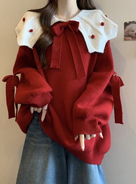 新年红色娃娃领毛衣春秋冬大码女装胖mm宽松慵懒风减龄针织衫上衣