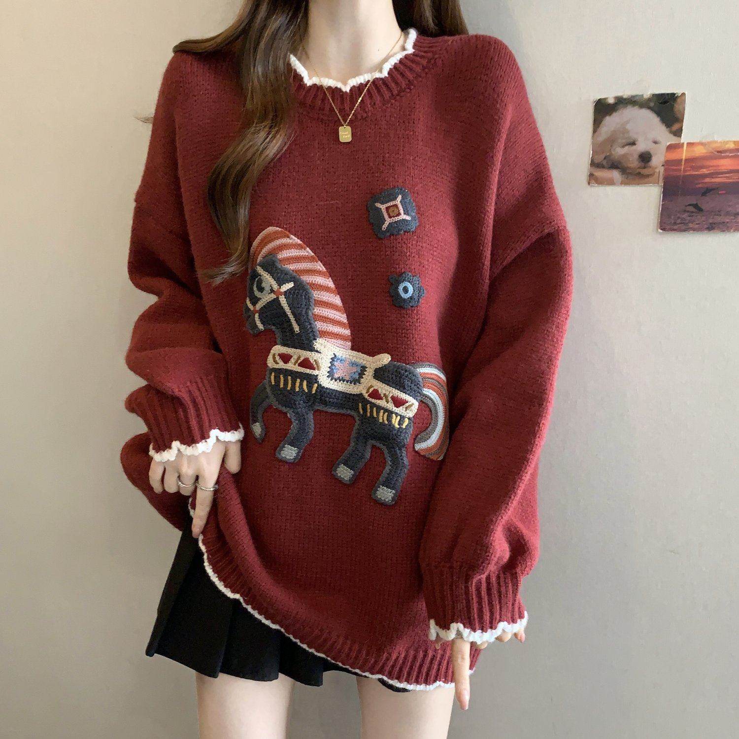 毛衣套头大码女装微胖mm宽松慵懒针织打底衫显瘦减龄上衣新年红色