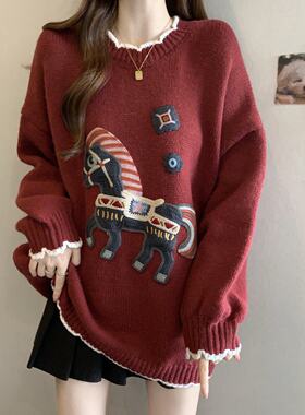 毛衣套头大码女装微胖mm宽松慵懒针织打底衫显瘦减龄上衣新年红色